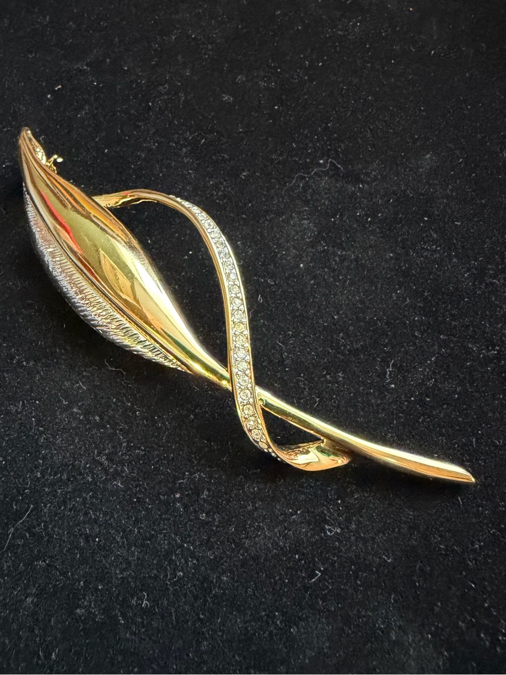 Pierre Cardin Brooch Gold Silver Tone Rhinestone Leaf Modernist